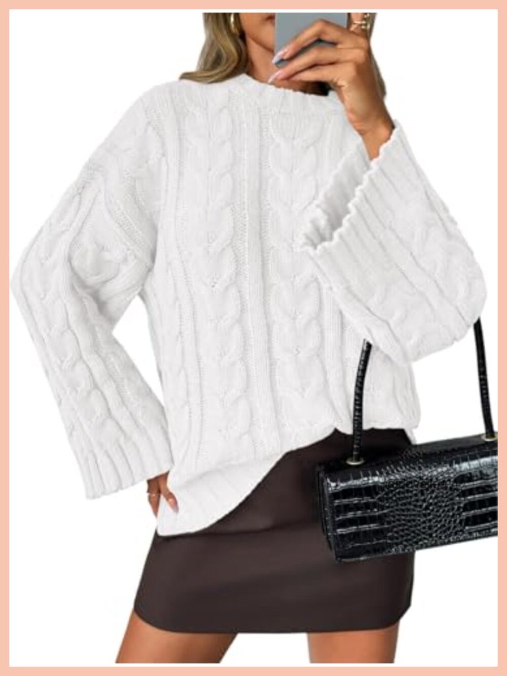 Oversized Cable Knit Sweater Bell Sleeve Crew Neck Chunky Pullover